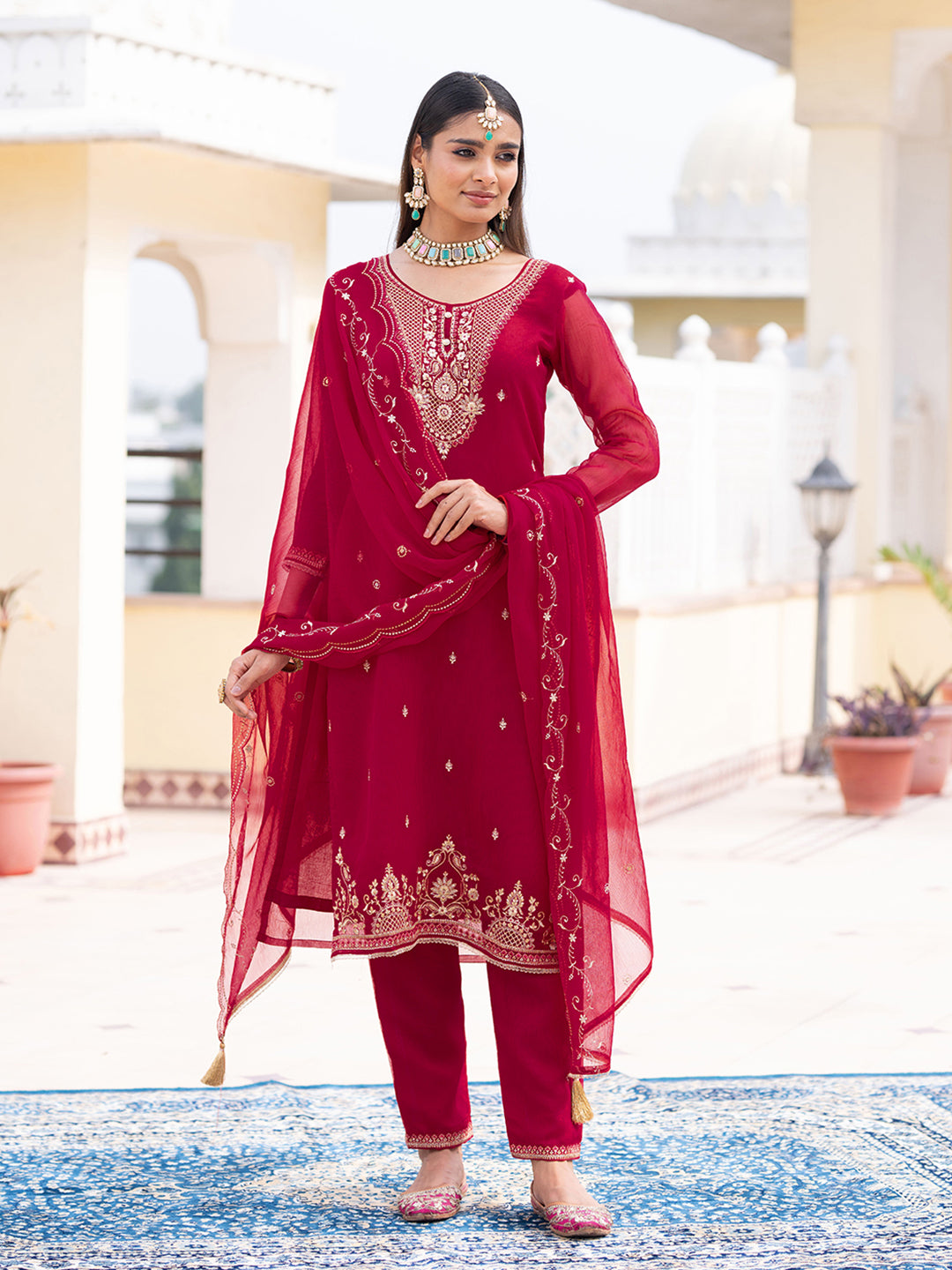 Red Chiffon Zari Sequence Thread Embroidered Kurta With Pant And Dupatta Set