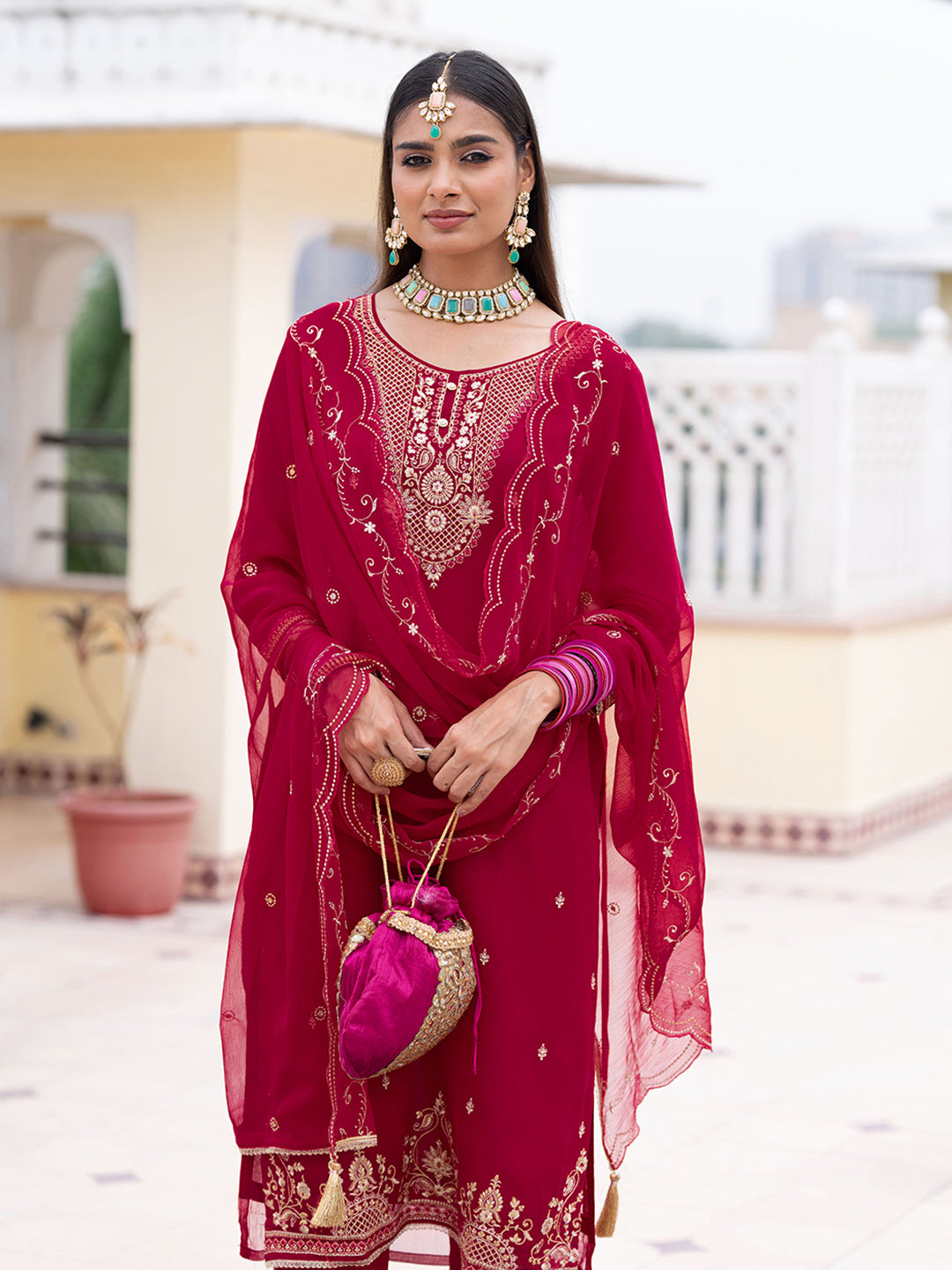 Red Chiffon Zari Sequence Thread Embroidered Kurta With Pant And Dupatta Set