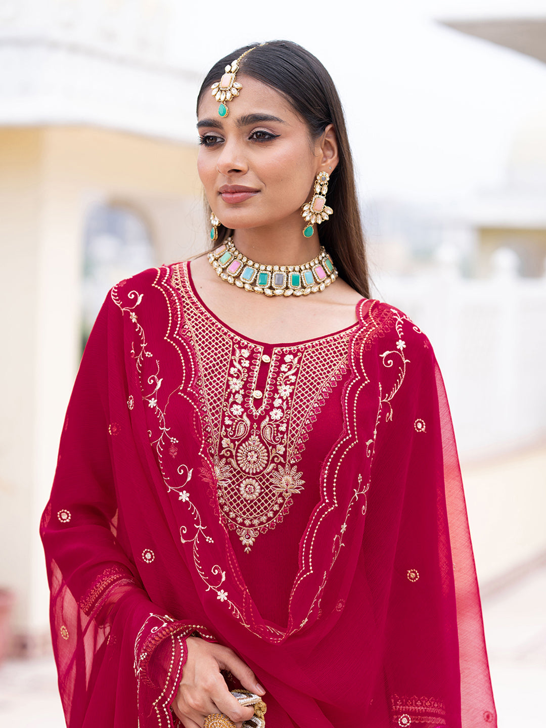 Red Chiffon Zari Sequence Thread Embroidered Kurta With Pant And Dupatta Set