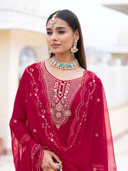 Red Chiffon Zari Sequence Thread Embroidered Kurta With Pant And Dupatta Set
