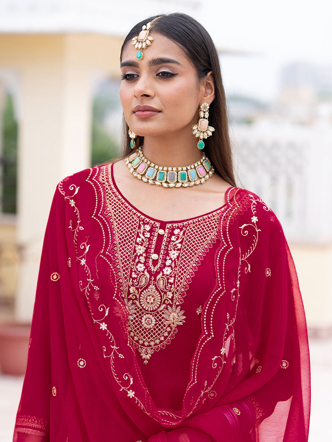 Red Chiffon Zari Sequence Thread Embroidered Kurta With Pant And Dupatta Set