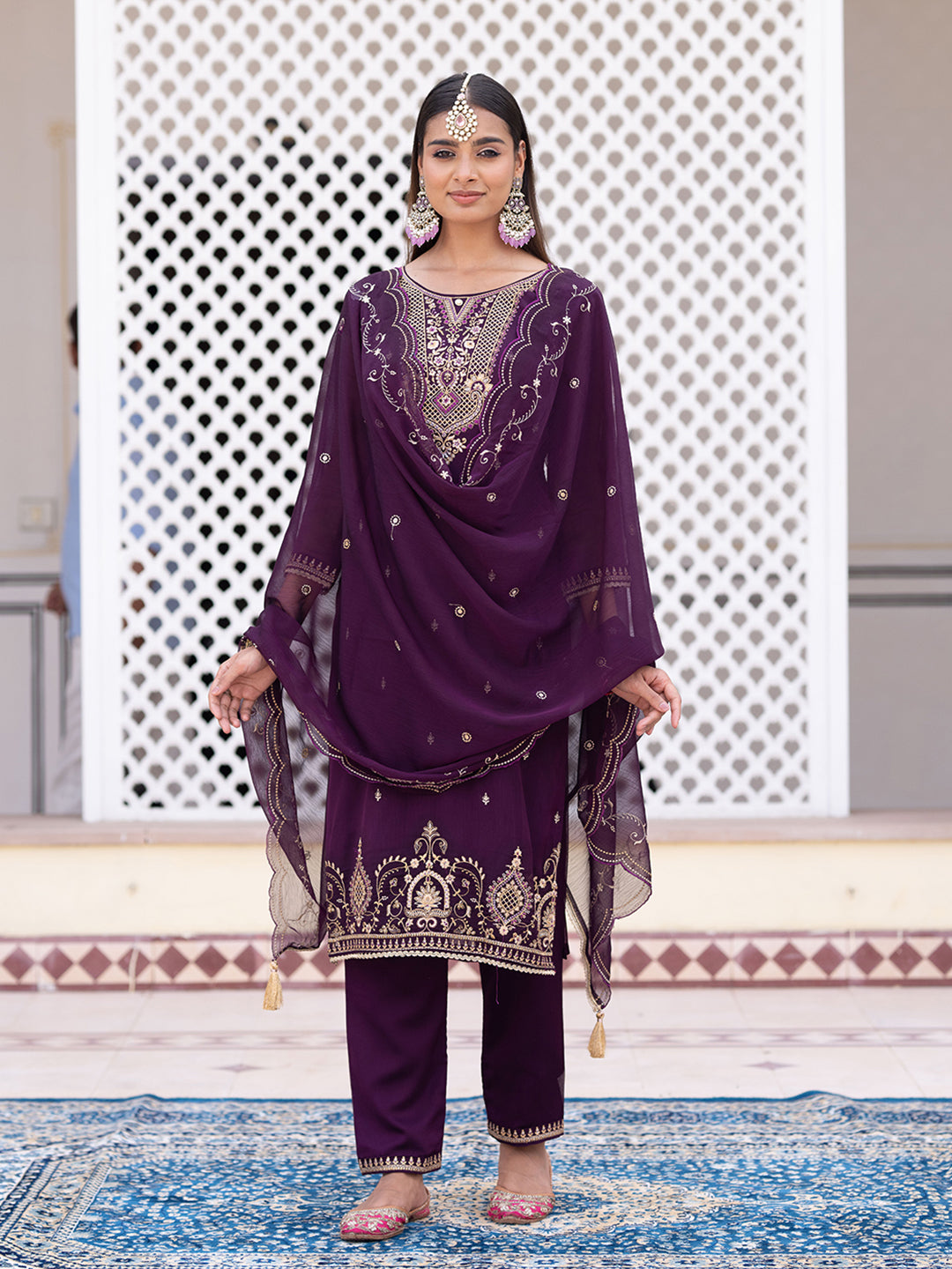 Purple Embroidered Kurta Set with Dupatta & Pants