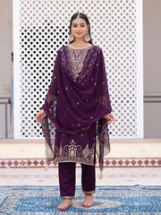 Wine Chiffon Zari Sequence Thread Embroidered Kurta With Pant And Dupatta Set