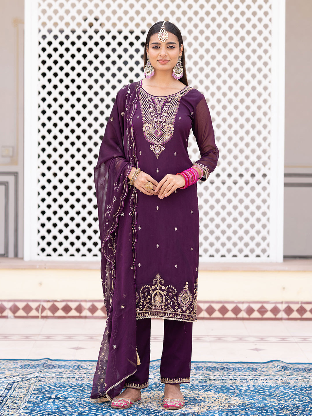 Wine Chiffon Zari Sequence Thread Embroidered Kurta With Pant And Dupatta Set