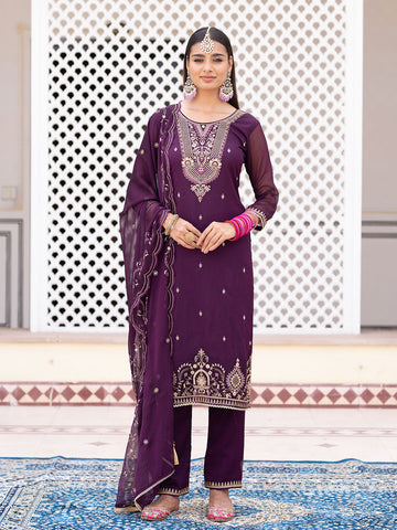 Purple Embroidered Kurta Set with Dupatta & Pants