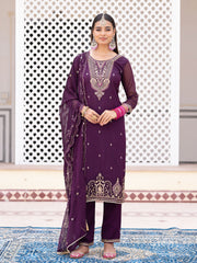 Wine Chiffon Zari Sequence Thread Embroidered Kurta With Pant And Dupatta Set