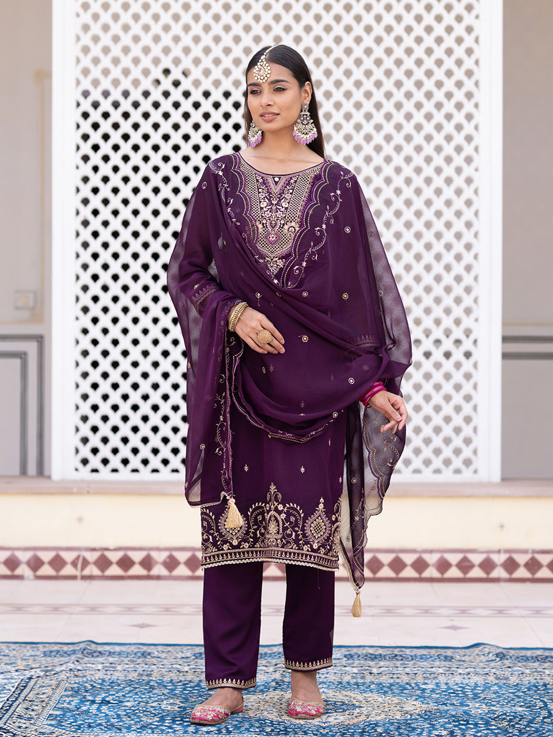 Wine Chiffon Zari Sequence Thread Embroidered Kurta With Pant And Dupatta Set