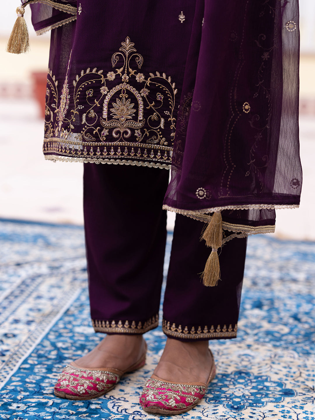 Wine Chiffon Zari Sequence Thread Embroidered Kurta With Pant And Dupatta Set