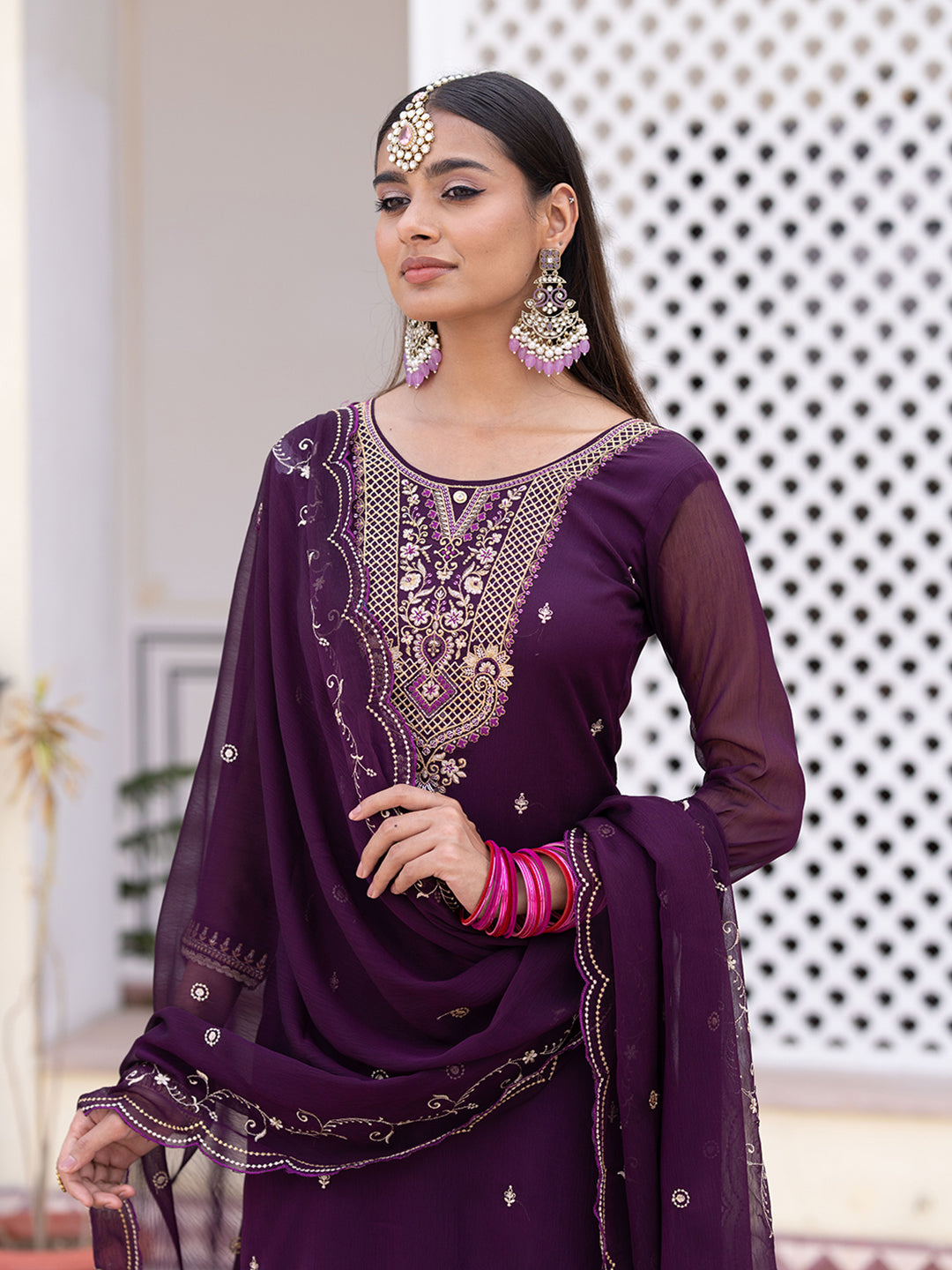 Purple Embroidered Kurta Set with Dupatta & Pants
