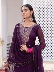 Wine Chiffon Zari Sequence Thread Embroidered Kurta With Pant And Dupatta Set