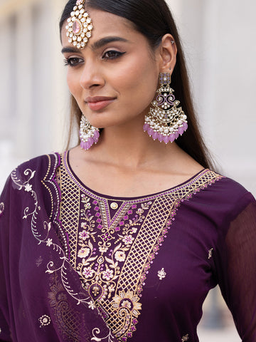 Wine Chiffon Zari Sequence Thread Embroidered Kurta With Pant And Dupatta Set