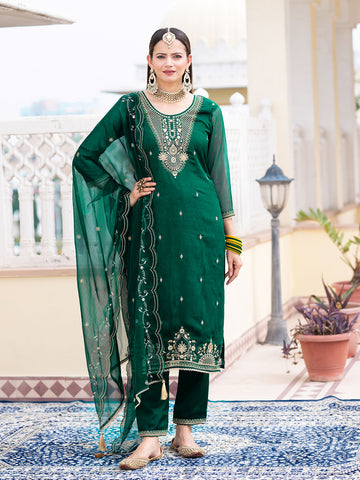Teal Green Chiffon Zari Sequence Thread Embroidered Kurta With Pant And Dupatta Set