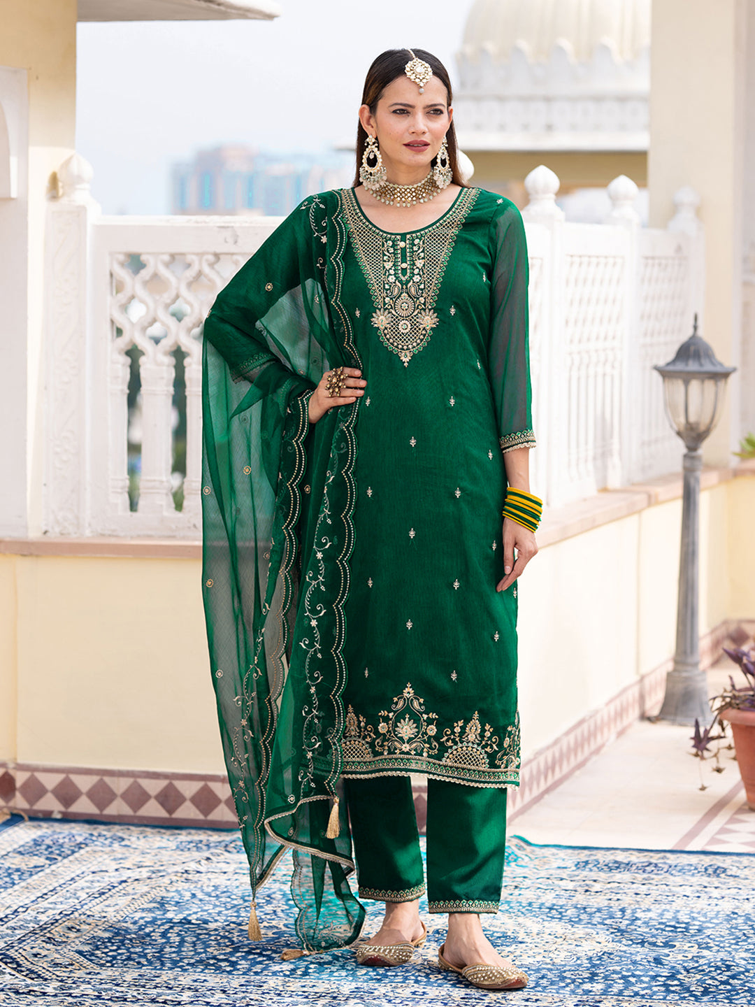 Teal Green Chiffon Zari Sequence Thread Embroidered Kurta With Pant And Dupatta Set