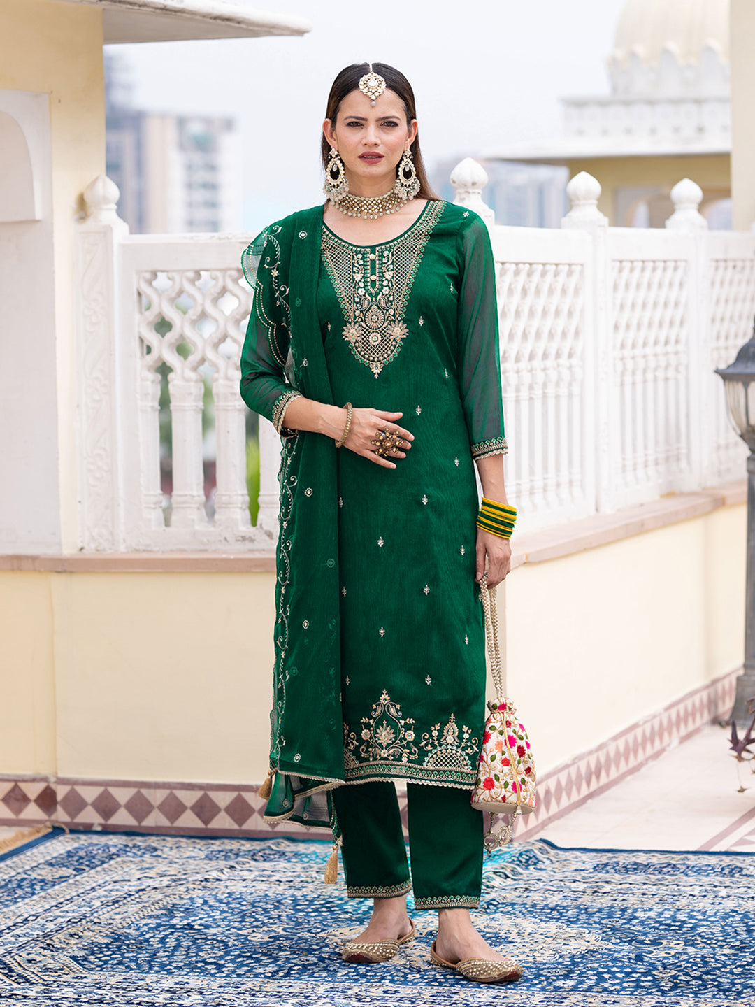 Teal Green Chiffon Zari Sequence Thread Embroidered Kurta With Pant And Dupatta Set