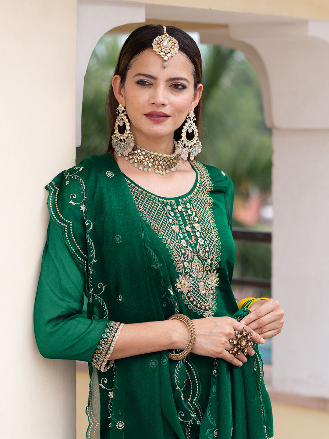 Green Embroidered Kurta Set with Dupatta & Pants