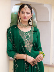 Teal Green Chiffon Zari Sequence Thread Embroidered Kurta With Pant And Dupatta Set