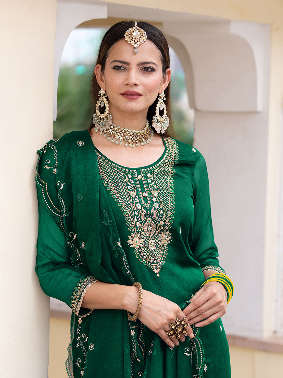 Green Embroidered Kurta Set with Dupatta & Pants