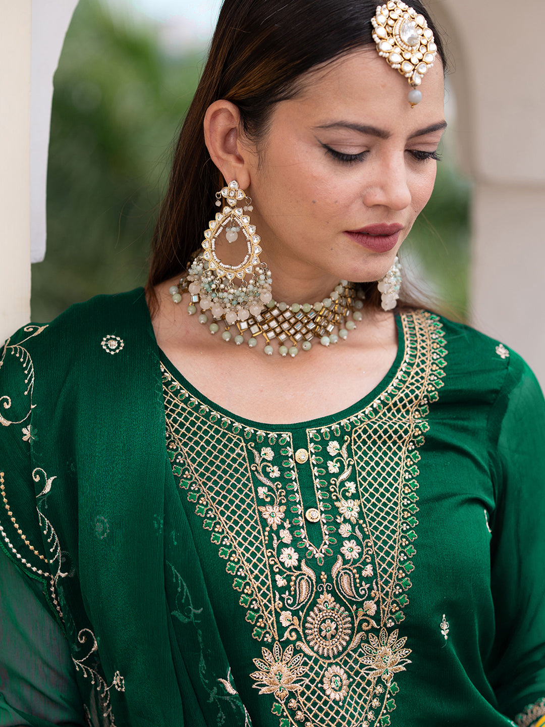 Green Embroidered Kurta Set with Dupatta & Pants
