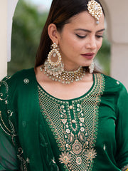 Teal Green Chiffon Zari Sequence Thread Embroidered Kurta With Pant And Dupatta Set