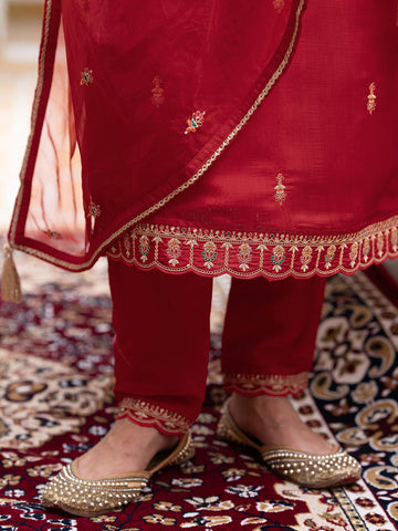 Red Silk Zari Sequence Thread Embroidered and Cording Kurta With Pant And Dupatta Set