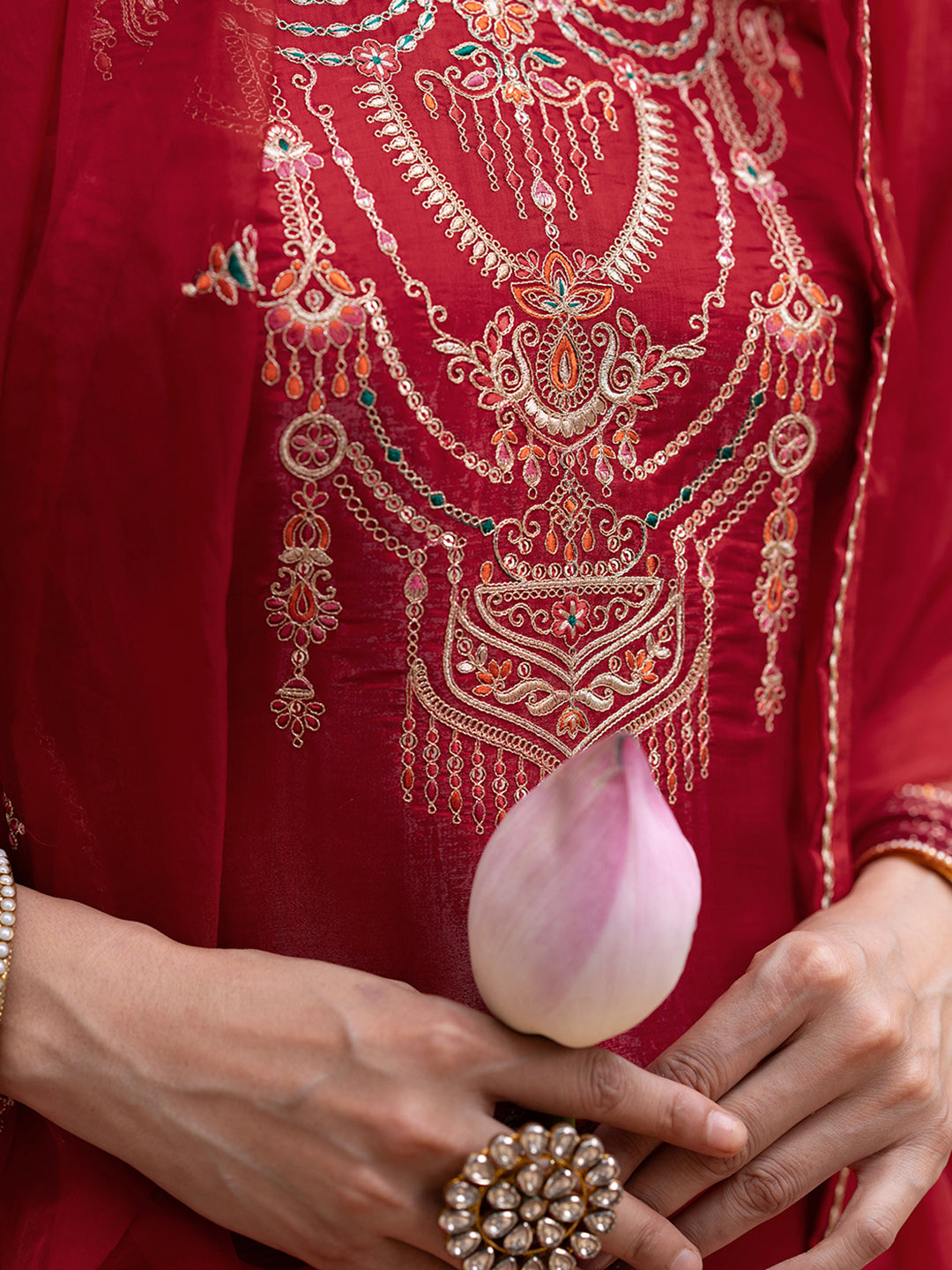 Red Silk Zari Sequence Thread Embroidered and Cording Kurta With Pant And Dupatta Set