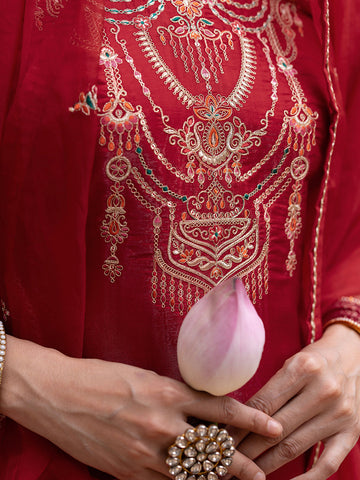 Red Embroidered Kurta Set with Dupatta & Pants