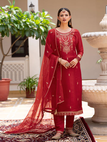 Red Embroidered Kurta Set with Dupatta & Pants