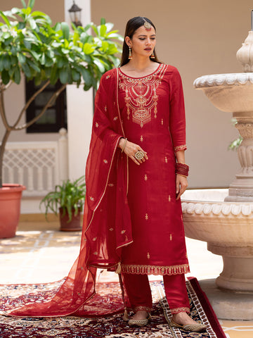 Red Silk Zari Sequence Thread Embroidered and Cording Kurta With Pant And Dupatta Set