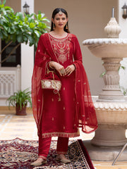 Red Silk Zari Sequence Thread Embroidered and Cording Kurta With Pant And Dupatta Set