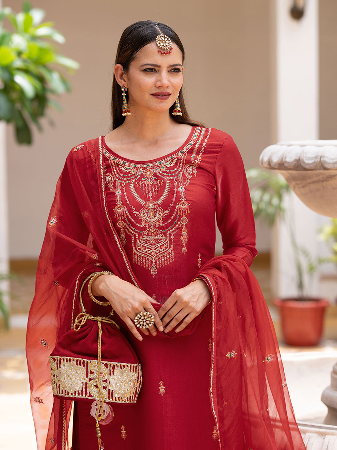 Red Silk Zari Sequence Thread Embroidered and Cording Kurta With Pant And Dupatta Set