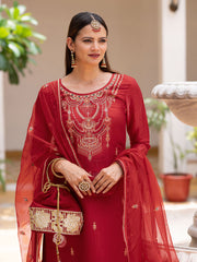 Red Embroidered Kurta Set with Dupatta & Pants