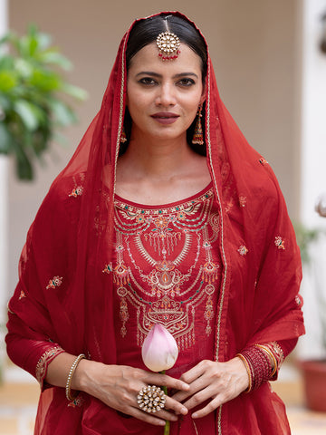 Red Silk Zari Sequence Thread Embroidered and Cording Kurta With Pant And Dupatta Set