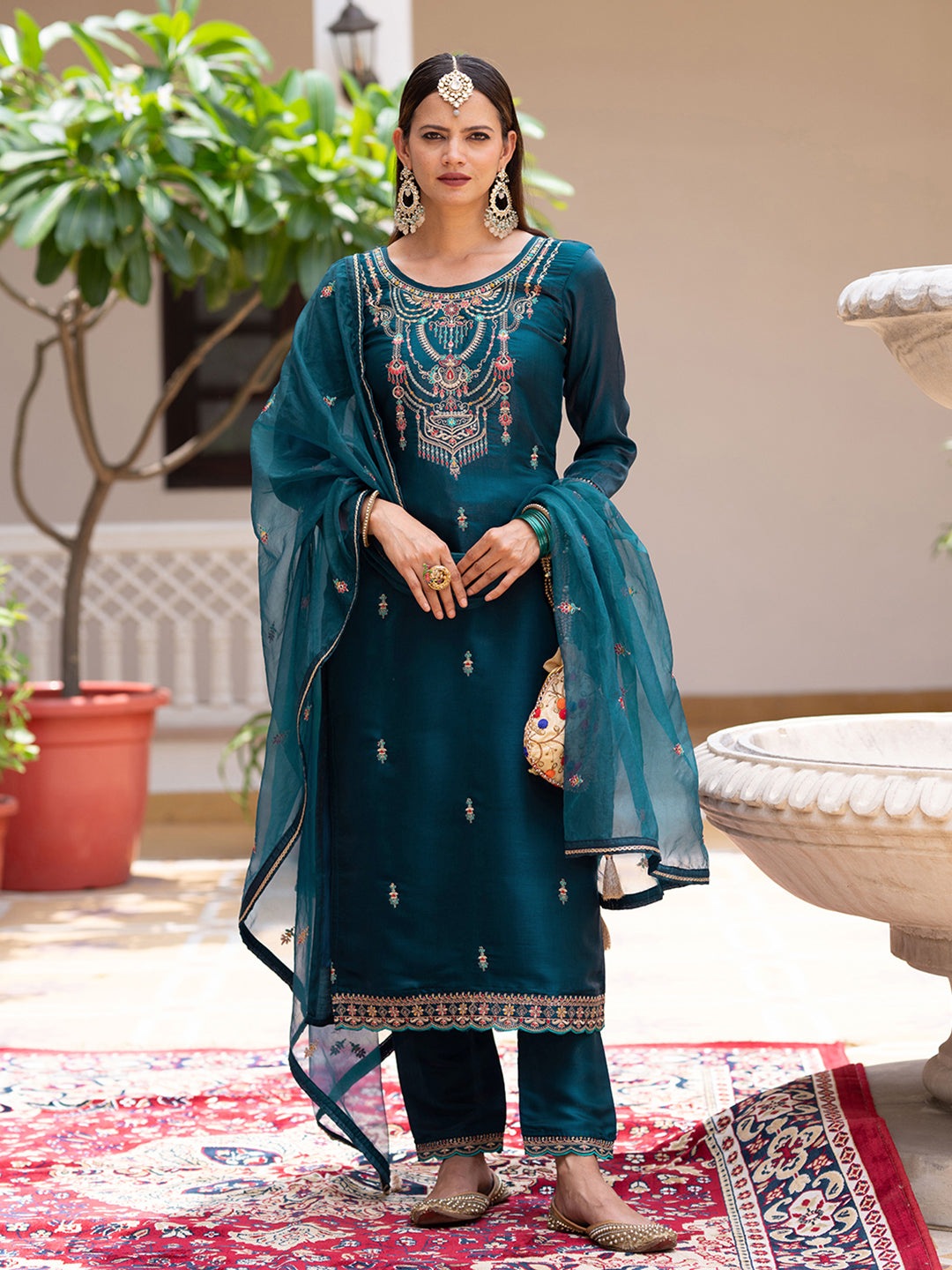 Teal Silk Zari Sequence Thread Embroidered and Cording Kurta With Pant And Dupatta Set