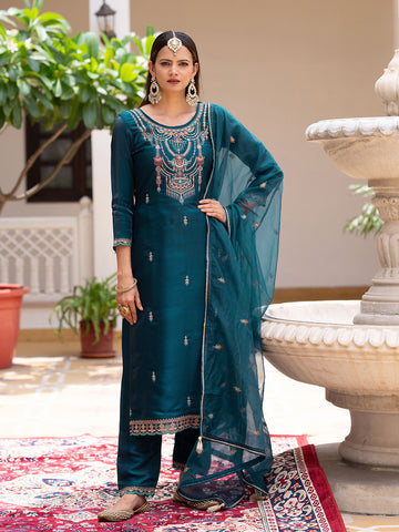 Teal Silk Zari Sequence Thread Embroidered and Cording Kurta With Pant And Dupatta Set