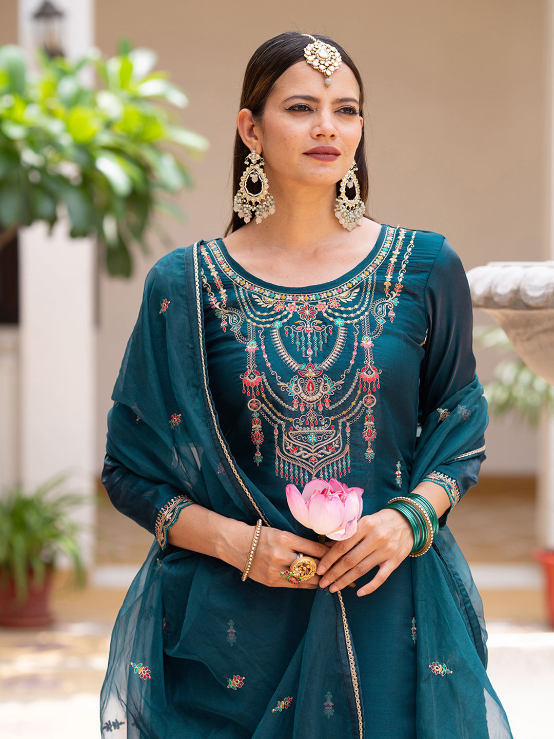 Teal Silk Zari Sequence Thread Embroidered and Cording Kurta With Pant And Dupatta Set