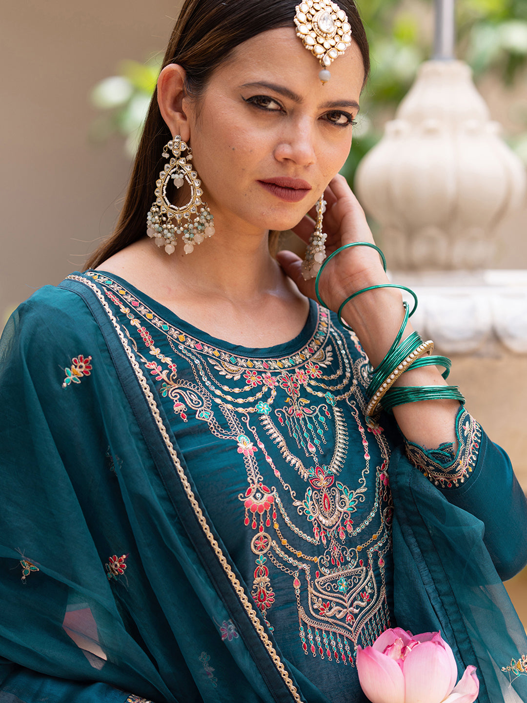 Teal Silk Zari Sequence Thread Embroidered and Cording Kurta With Pant And Dupatta Set