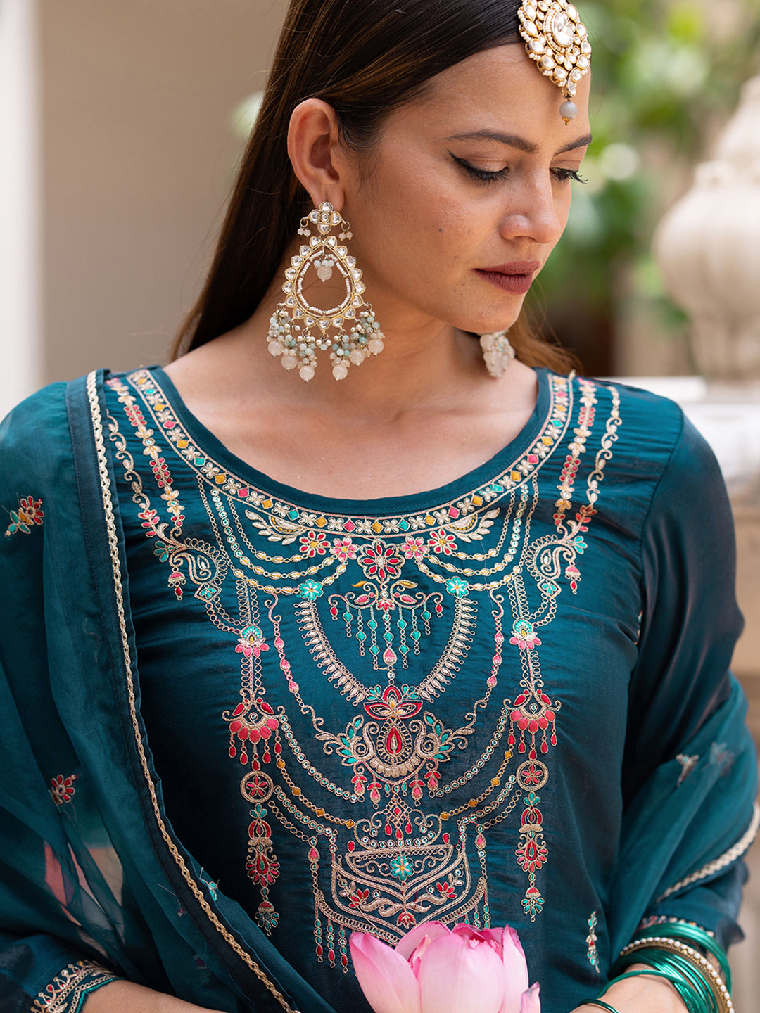 Teal Silk Zari Sequence Thread Embroidered and Cording Kurta With Pant And Dupatta Set