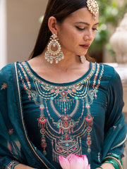 Teal Silk Zari Sequence Thread Embroidered and Cording Kurta With Pant And Dupatta Set