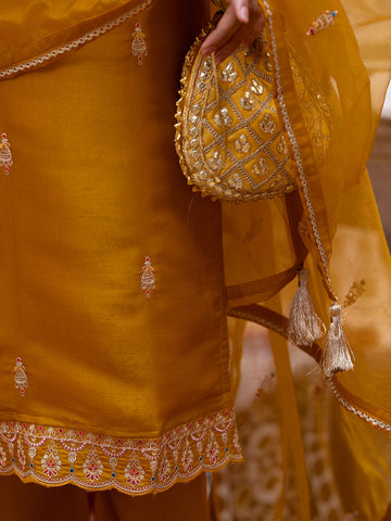Mustard Silk Zari Sequence Thread Embroidered Kurta With Pant And Dupatta Set