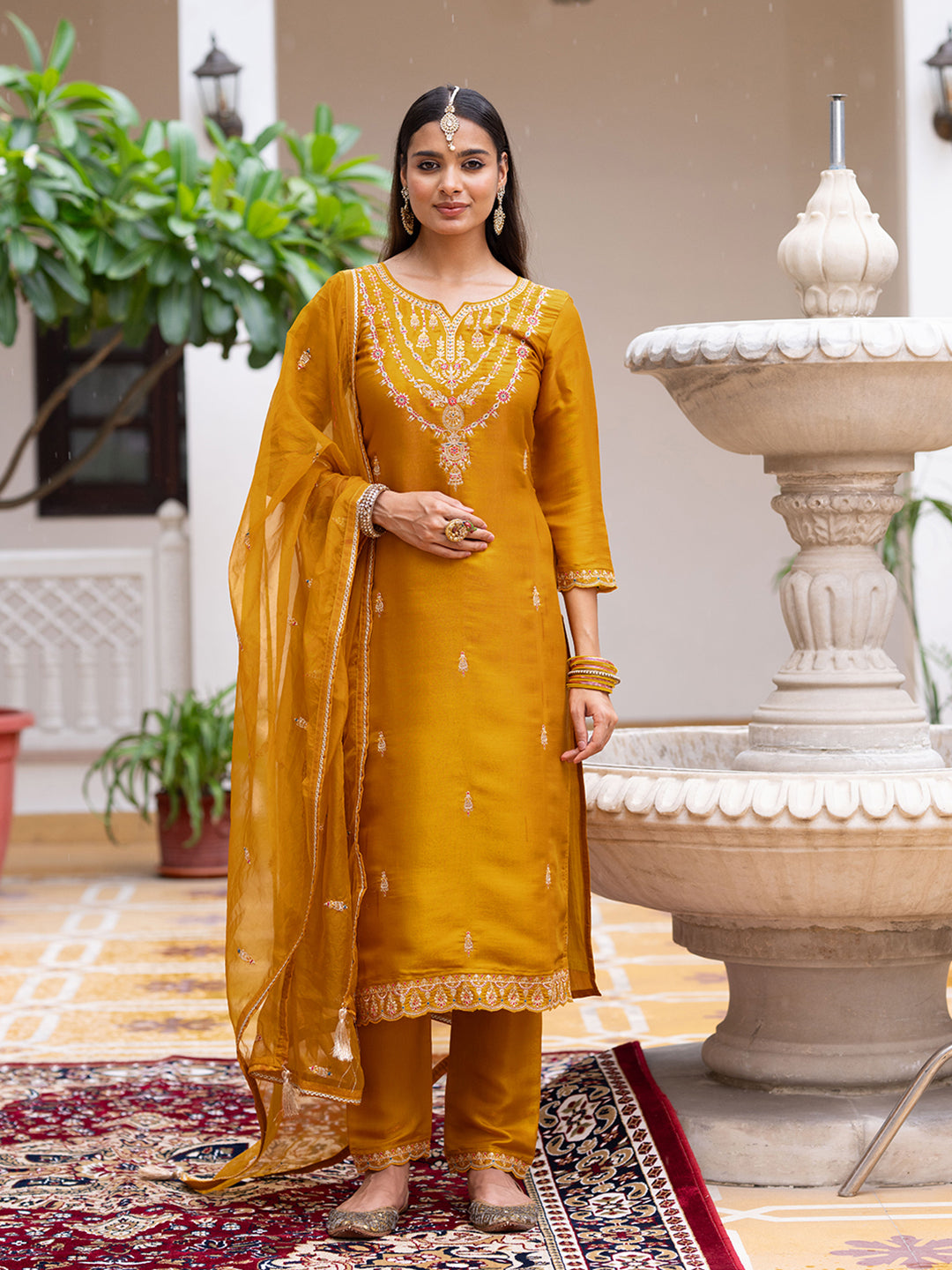 Mustard Silk Zari Sequence Thread Embroidered Kurta With Pant And Dupatta Set