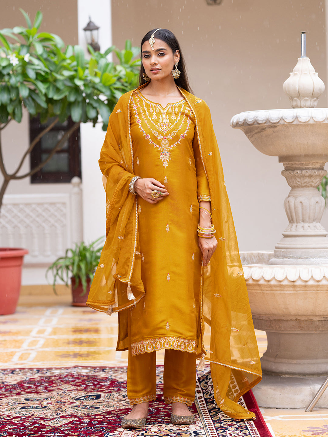 Mustard Silk Zari Sequence Thread Embroidered Kurta With Pant And Dupatta Set