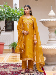 Mustard Silk Zari Sequence Thread Embroidered Kurta With Pant And Dupatta Set