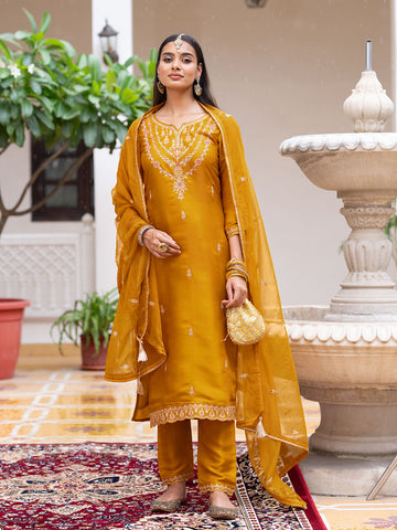 Mustard Silk Zari Sequence Thread Embroidered Kurta With Pant And Dupatta Set