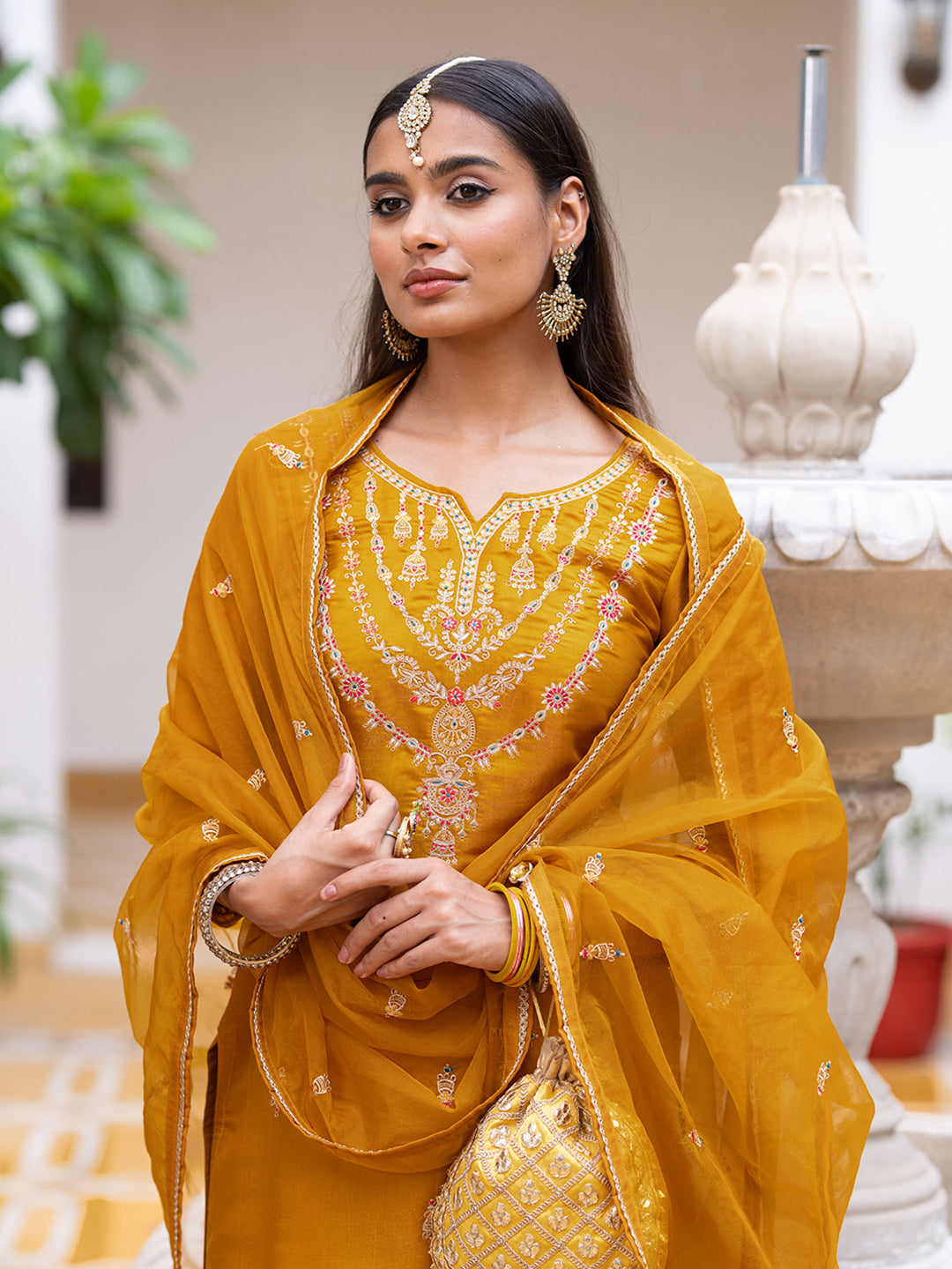 Mustard Silk Zari Sequence Thread Embroidered Kurta With Pant And Dupatta Set