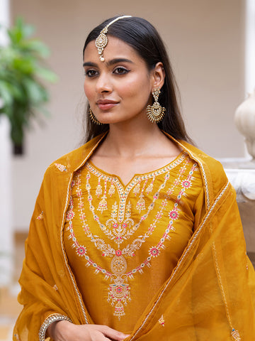 Mustard Silk Zari Sequence Thread Embroidered Kurta With Pant And Dupatta Set