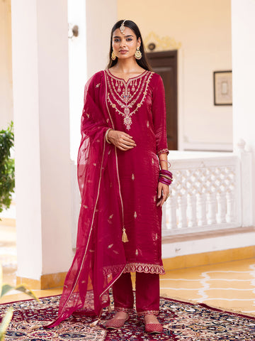 Raani Pink Silk Zari Sequence Thread Embroidered Kurta With Pant And Dupatta Set