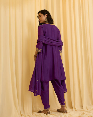 Purple Embroidered Short Anarkali and Dhoti Pant Set