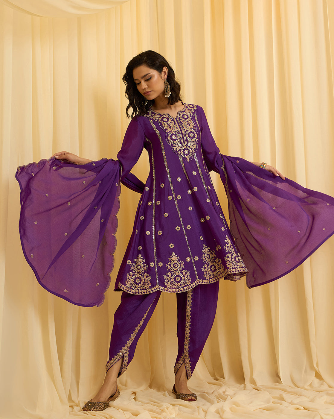 Purple Embroidered Short Anarkali and Dhoti Pant Set