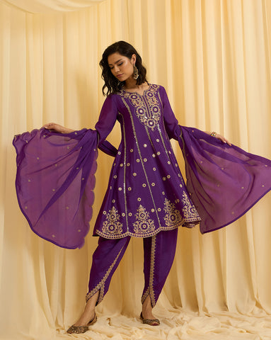 Purple Embroidered Short Anarkali and Dhoti Pant Set
