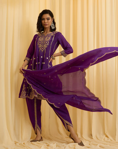 Purple Embroidered Short Anarkali and Dhoti Pant Set